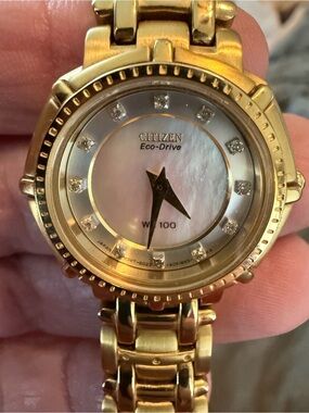 Citizen Gold Tone Watch with Mother-of-Pearl Dial and Crystal Markers
